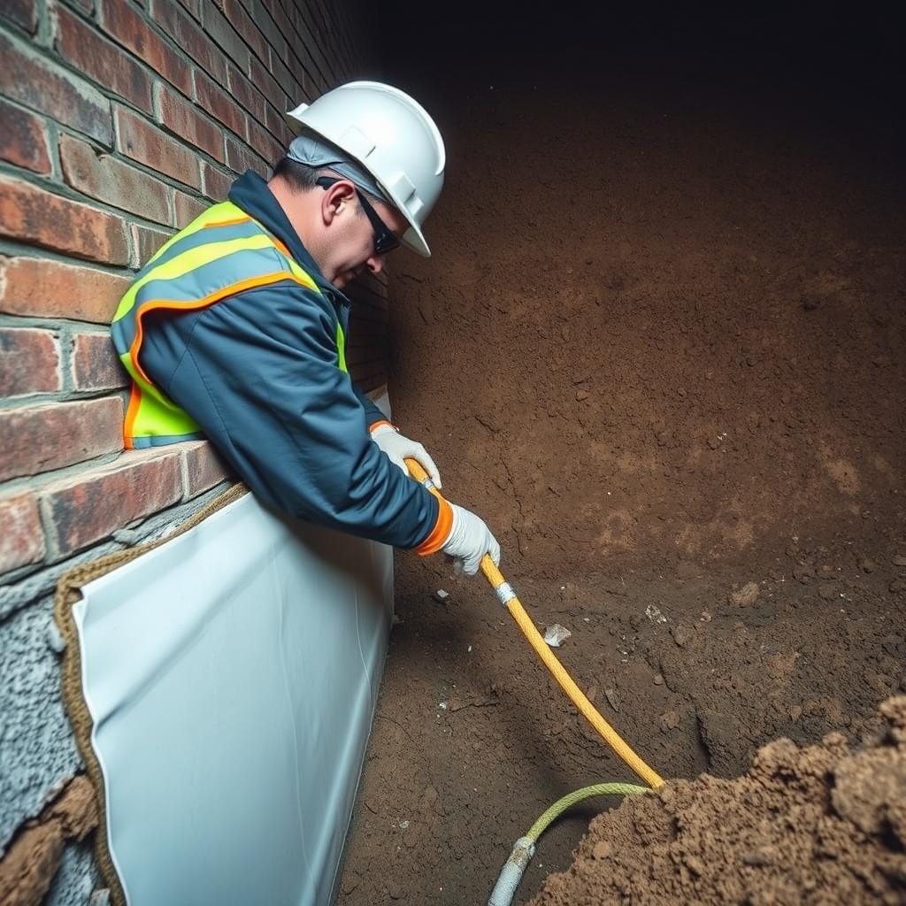 Professional dampproofing contractor applying waterproofing membrane to a residential foundation